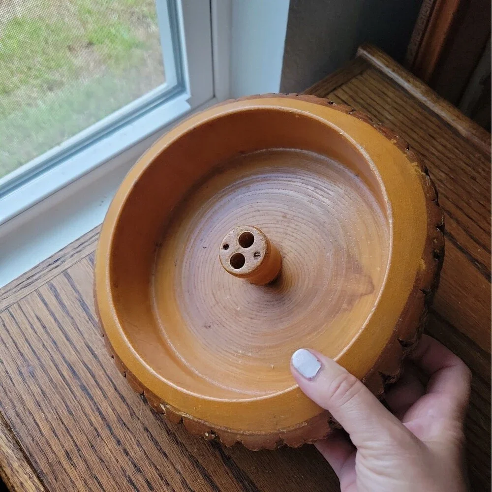 Vtg MCM Nut Bowl Rustic Edge Tree Bark Set with 1 Nutcracker 9